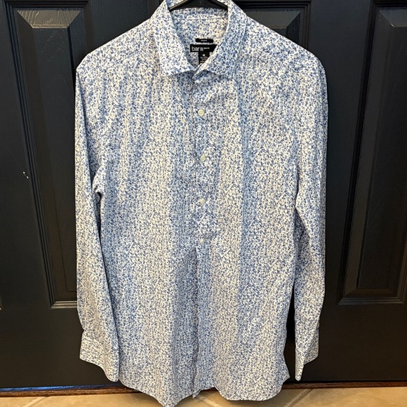 Bar III White and Slim Fit Blue Patterned Button Down Shirt - Picture 1 of 5